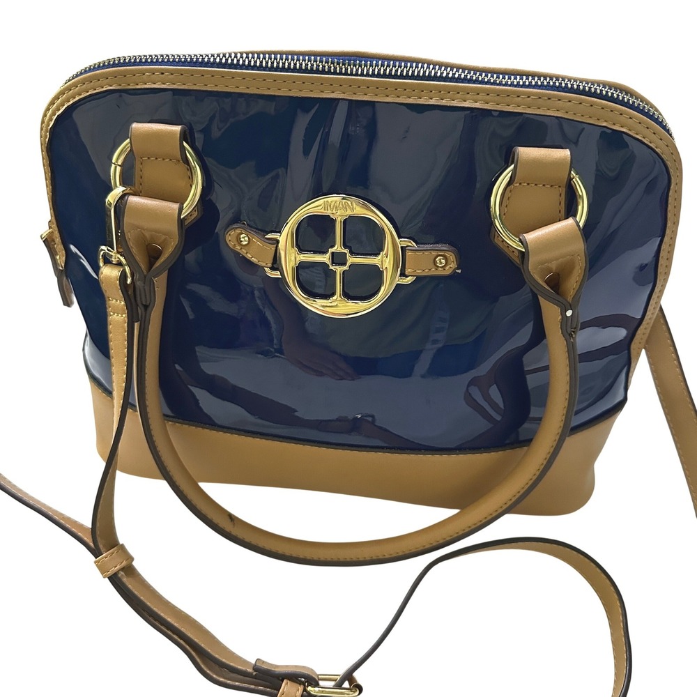 IMAN Navy Blue Patent Satchel Bag Tan Trim Gold Hardware Crossbody Dome Purse